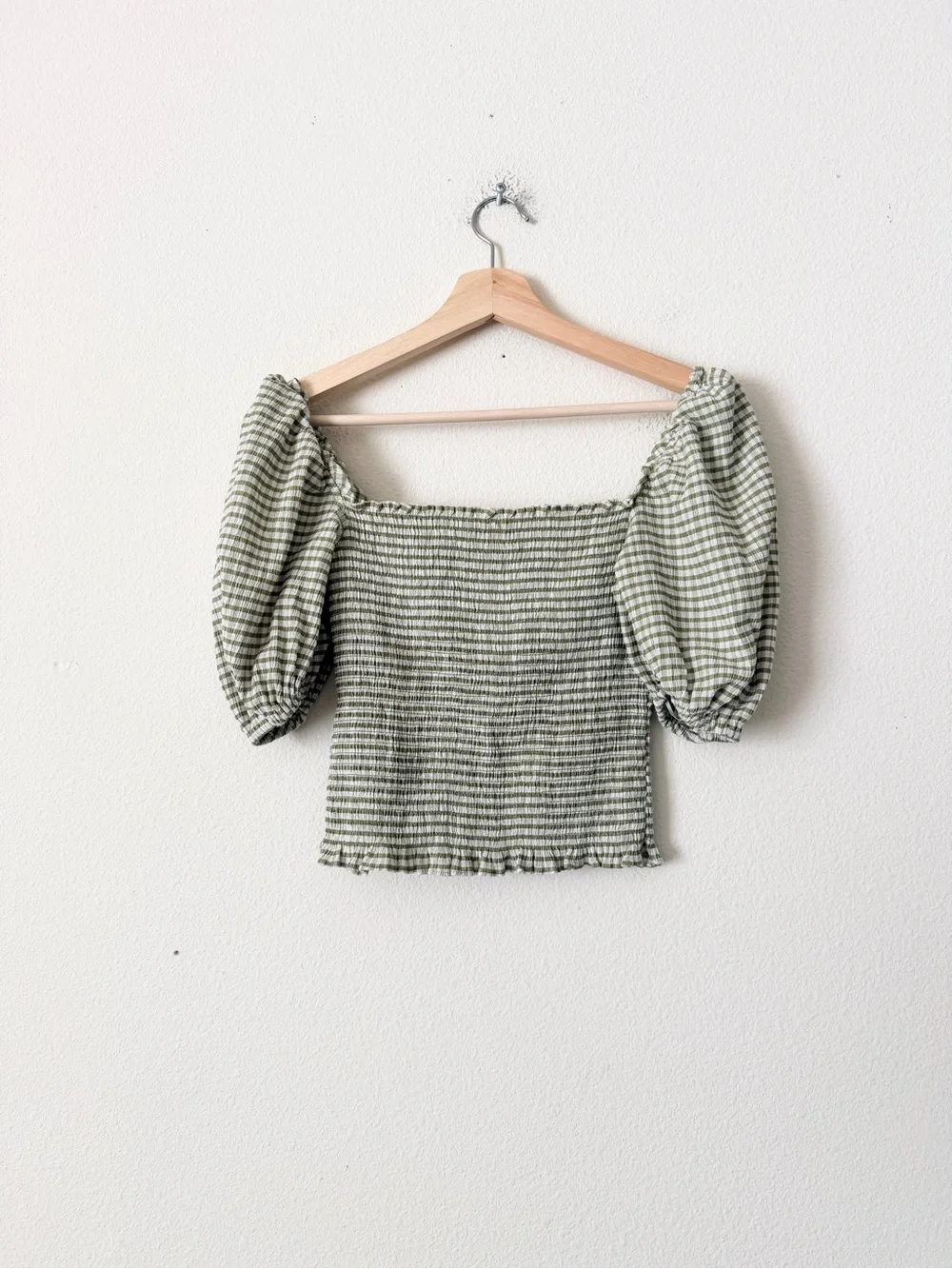 Reformation SMALL Marilyn smocked green white check puff sleeve top